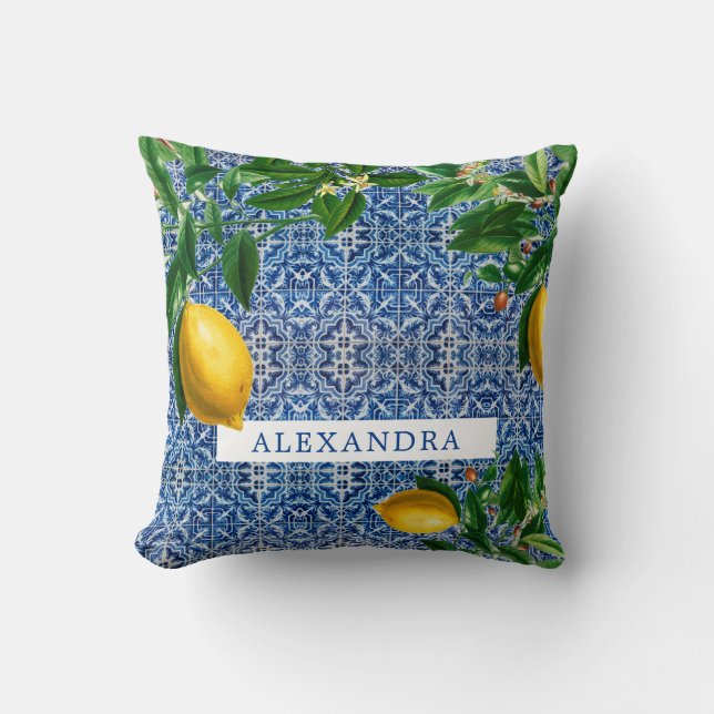 Blue  Mediterranean Tiles Lemons Chic Modern Cushion (Front)