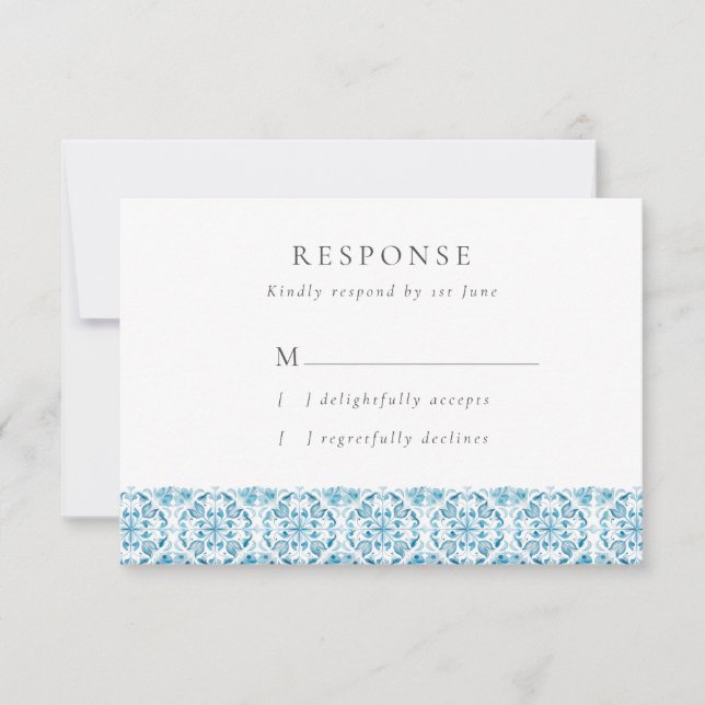 Blue Mediterranean Tiles Wedding RSVP Card (Front)