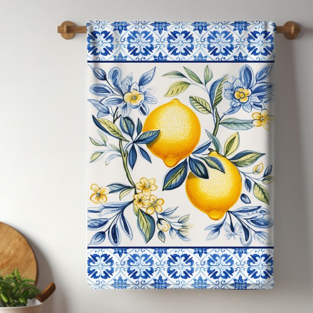 Blue Mediterranean Tiles With Lemons Tea Towel (Blue Mediterranean tile and lemon kitchen towel will brighten any kitchen.)