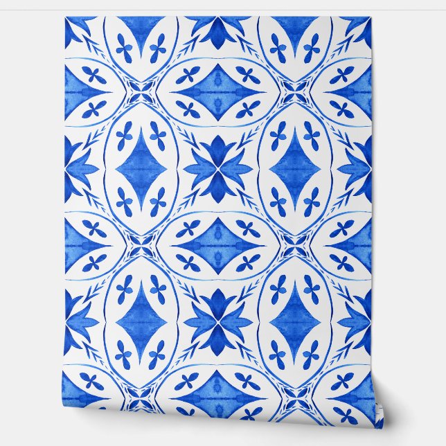 Blue Mediterranean watercolor tile pattern  Wallpaper (Unrolling)