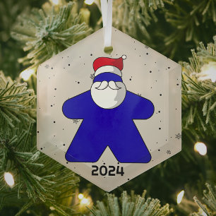 Blue Meeple Santa Custom Year Family Board Game Glass Tree Decoration