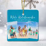 Blue Mele Kalikimaka Beach Trip Photo Christmas Ceramic Ornament<br><div class="desc">Chic customisable beach family photo collage Christmas ornament with your favourite tropical photo in the sun. Add 3 vertical photographs of your favourite trip from your island vacation to the coast. A beautiful coastal holiday ornament gift with pretty blue script above the three pictures.</div>