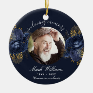 Blue memorial photo flowers ceramic ornament