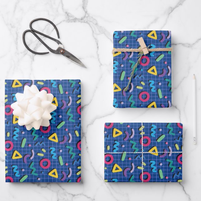 Blue Memphis Pattern Wrapping Paper Sheet (Front)