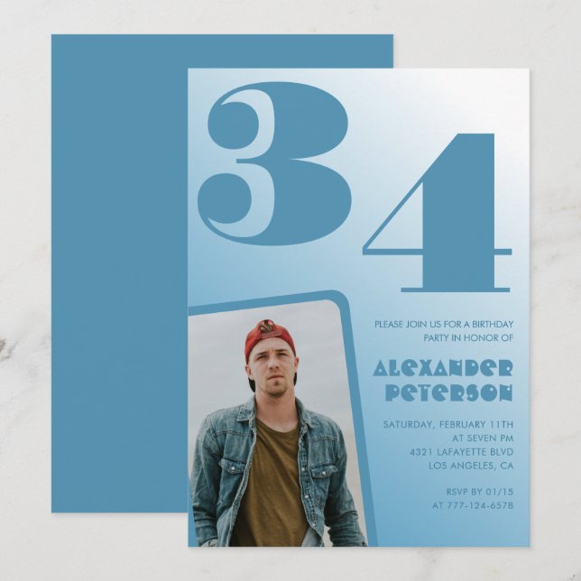 Blue Men Photo gradient 34th birthday invitations  (Front/Back)