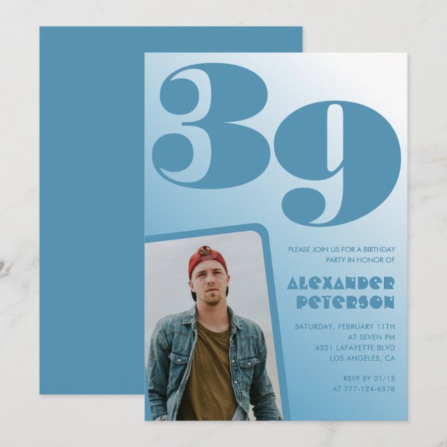 Blue Men Photo gradient 39th birthday invitations  (Front/Back)