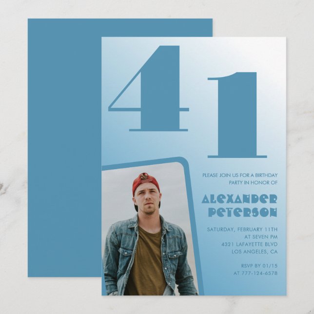 Blue Men Photo gradient 41st birthday invitations  (Front/Back)