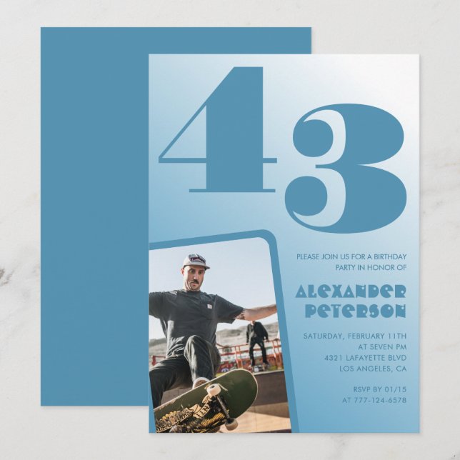 Blue Men Photo gradient 43rd birthday invitations  (Front/Back)