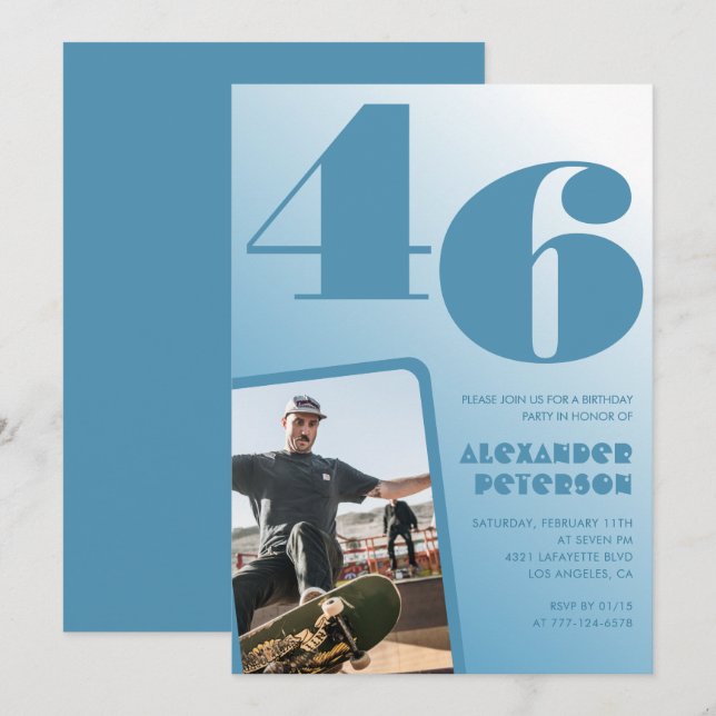 Blue Men Photo gradient 46th birthday invitations  (Front/Back)