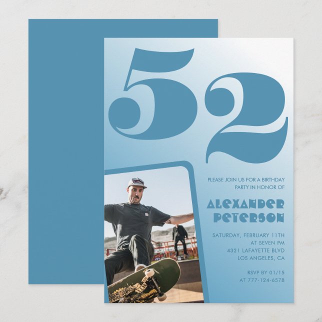 Blue Men Photo gradient 52nd birthday invitations  (Front/Back)