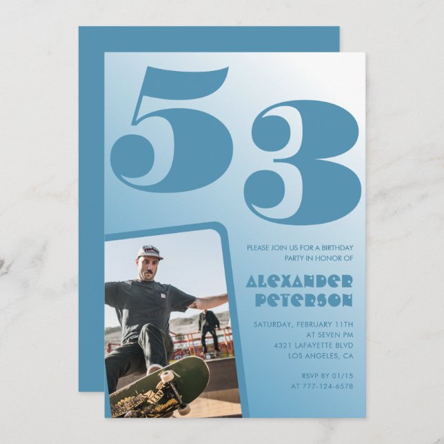 Blue Men Photo gradient 53rd birthday invitations  (Front/Back)
