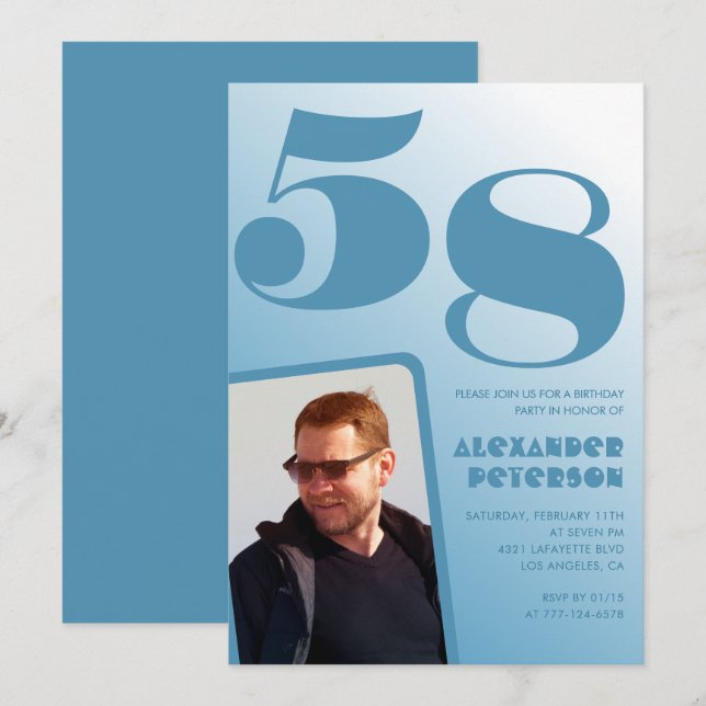 Blue Men Photo gradient 58th birthday invitations  (Front/Back)