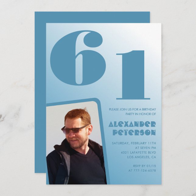 Blue Men Photo gradient 61st birthday invitations  (Front/Back)