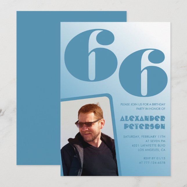 Blue Men Photo gradient 66th birthday invitations  (Front/Back)