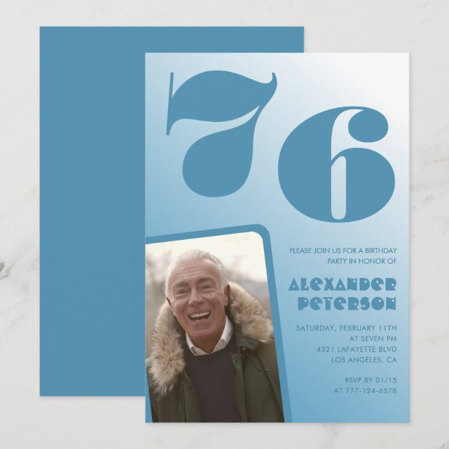 Blue Men Photo gradient 76th birthday invitations  (Front/Back)
