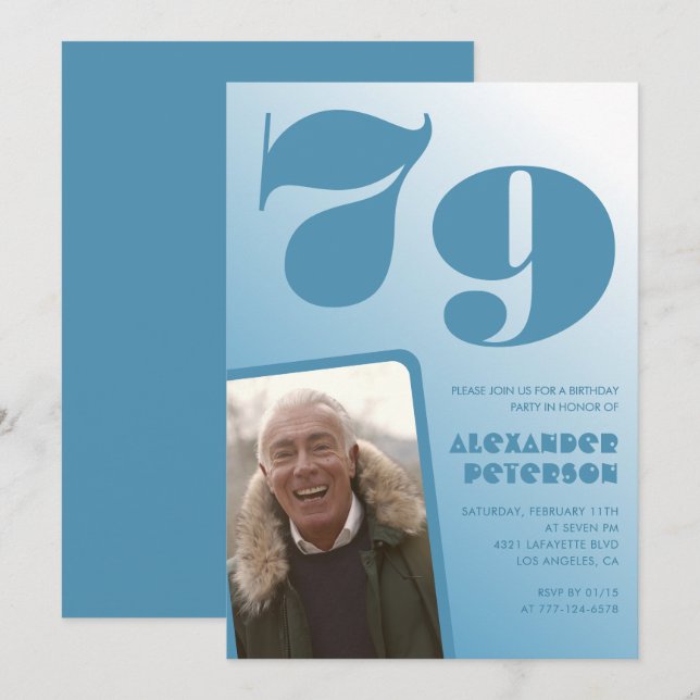 Blue Men Photo gradient 79th birthday invitations  (Front/Back)