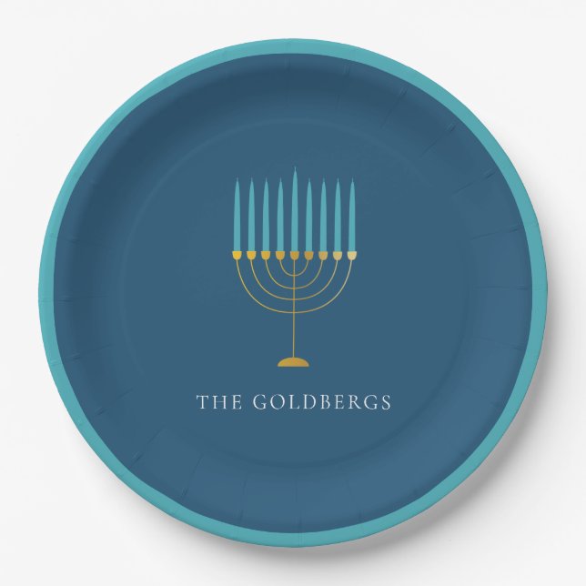Blue Menorah Hanukkah Celebration Personalised  Paper Plate (Front)
