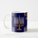 blue menorah hanukkah jewish print coffee mug<br><div class="desc">"blue menorah hanukkah jewish print" , "blue hanukkah", "yellow menorah", "hanukkah menorah", menorah, "happy hanukkah" , channukah, hannukah, Hanukkah, "jewish holidays"</div>