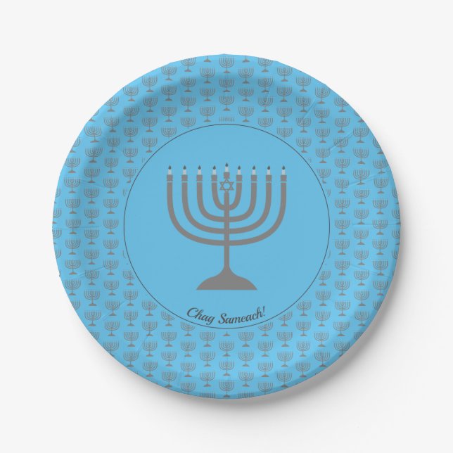 Blue Menorah HANUKKAH Paper Plate (Front)