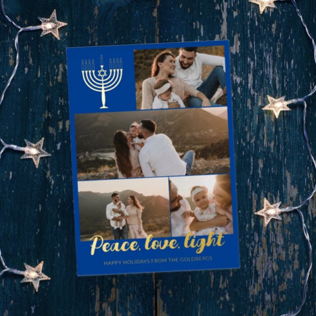 Blue Menorah Peace Love Light Photo Collage Gold Foil Holiday Card (Creator Uploaded)