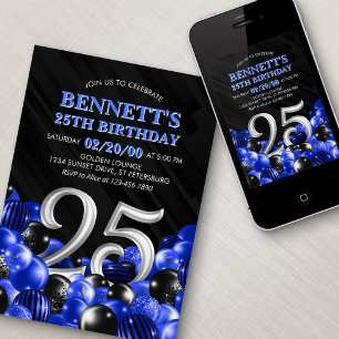 Blue Mens 25th Birthday Invitation