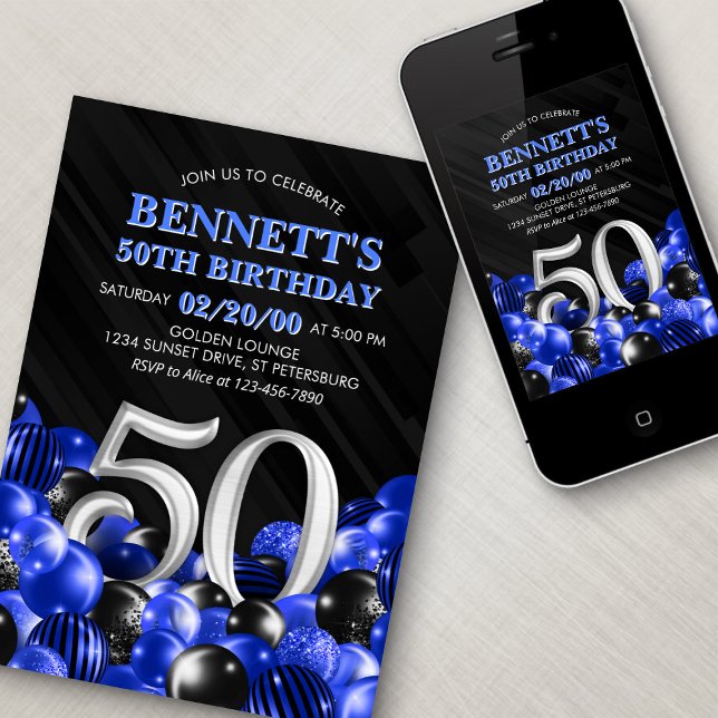 Blue Mens 50th Birthday Invitation (Creator Uploaded)