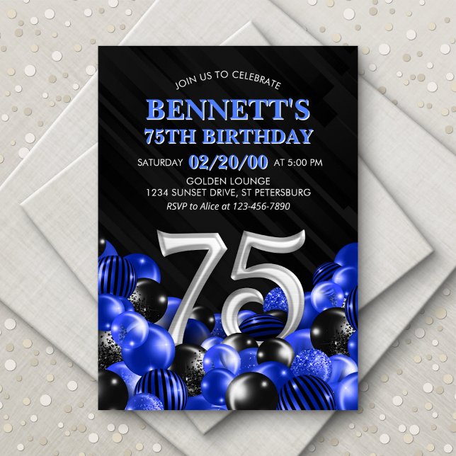 Blue Mens 75th Birthday Invitation (Creator Uploaded)