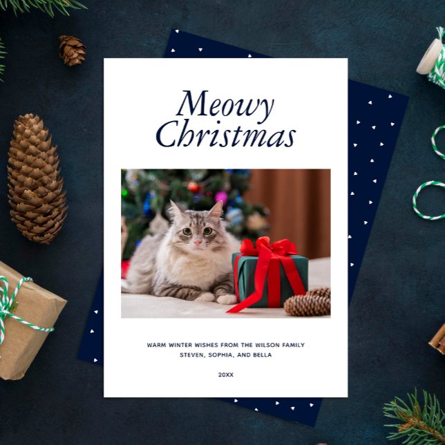Blue "Meowy Christmas" Personalised Photo Holiday Card (Creator Uploaded)