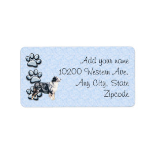 Blue Merle Aussie and 3 blue pawprints Label