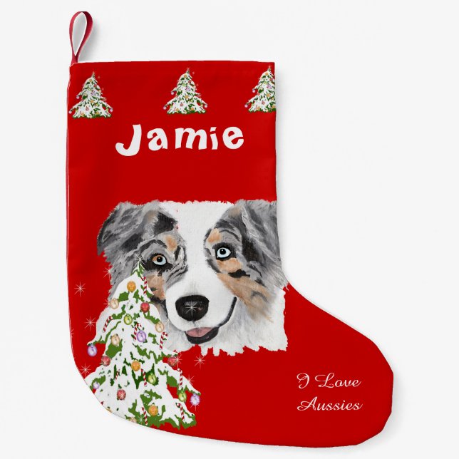 Blue Merle Aussie and Christmas Tree Stocking (Front)