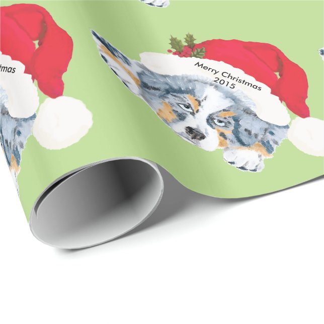 Blue Merle Aussie Christmas Puppy Gift Wrap (Roll Corner)