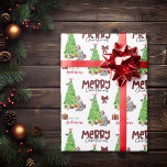 Blue Merle Aussie Dog, Bird and Christmas Tree Wrapping Paper<br><div class="desc">The repeated pattern on this cute Christmas wrapping paper is an image of a Blue Merle Australian Shepherd Dog wearing a red and white Santa hat. The dog sits among brightly wrapped gift packages beside a decorated Christmas tree. A bullfinch bird is landing on the tree behind it. Stylised red...</div>