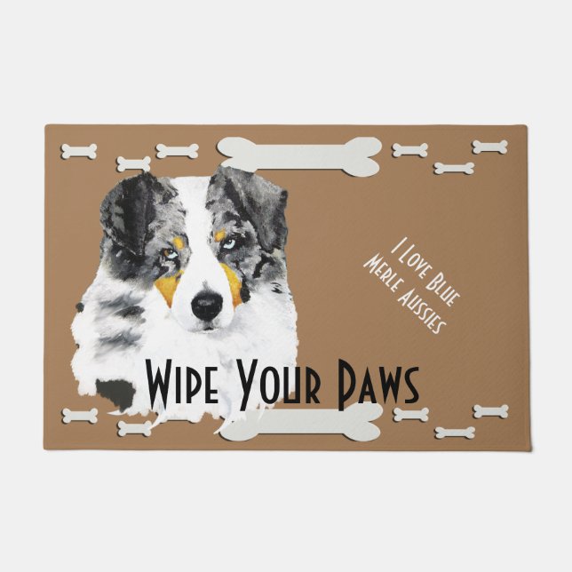 Blue Merle Aussie & Dog Bones Large Doormat (Front)