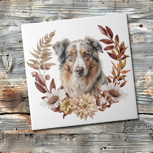 Blue Merle Australian Shepherd Dog Autumn Wreath Ceramic Tile