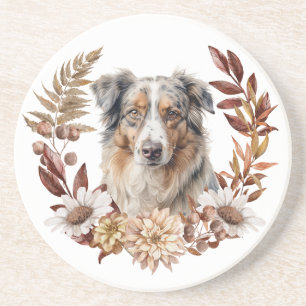 Blue Merle Australian Shepherd Dog Autumn Wreath Coaster