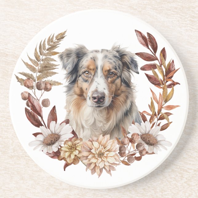Blue Merle Australian Shepherd Dog Autumn Wreath Coaster (Front)