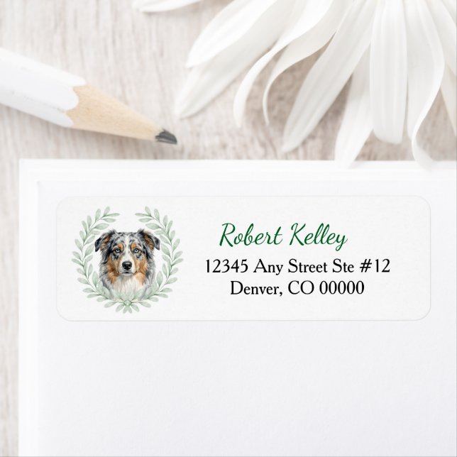 Blue Merle Australian Shepherd Leaf Wreath Return Address Label (Insitu)