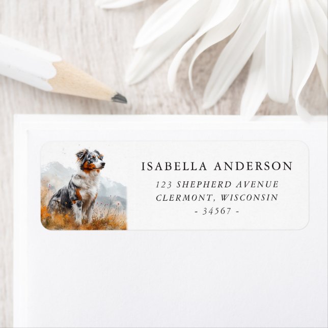 Blue Merle Australian Shepherd Scenic Return Address Label (Insitu)