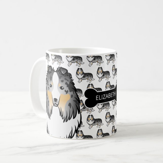 Blue Merle Cartoon Sheltie With Dog Bone & Name Coffee Mug (Front Left)