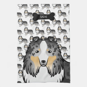 Blue Merle Cartoon Sheltie With Dog Bone & Name Tea Towel