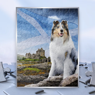 Blue Merle Collie, Eilean Donan & Scotland Flag - Jigsaw Puzzle