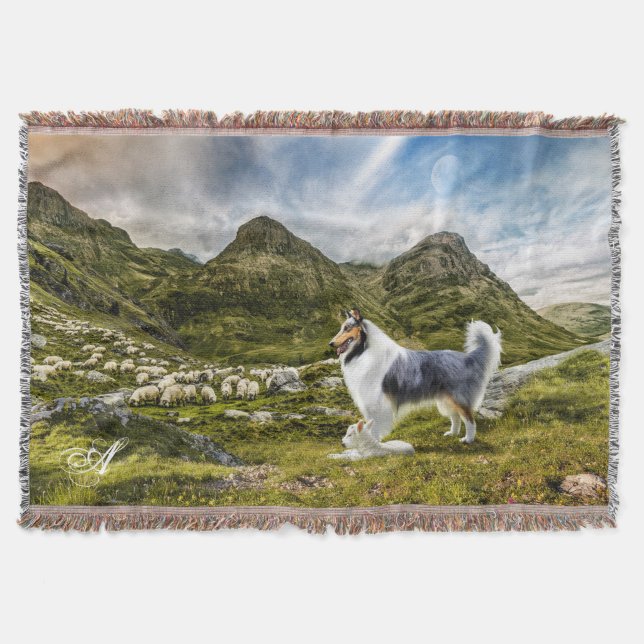 Blue Merle Collie Herding Sheep - Personalised Throw Blanket (Front)