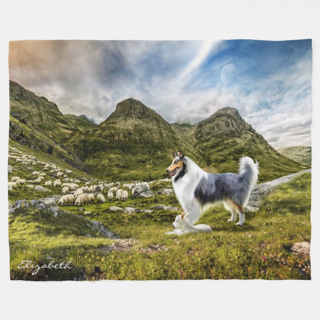 Blue Merle Collie Sheep herding - Personalised Fleece Blanket (Front (Horizontal))