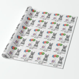 Blue Merle French Bulldog Cartoon Dog Birthday Wrapping Paper