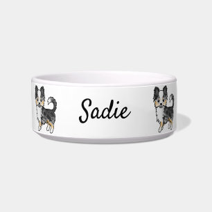 Blue Merle Long Coat Chihuahua Cartoon Dog & Name Bowl
