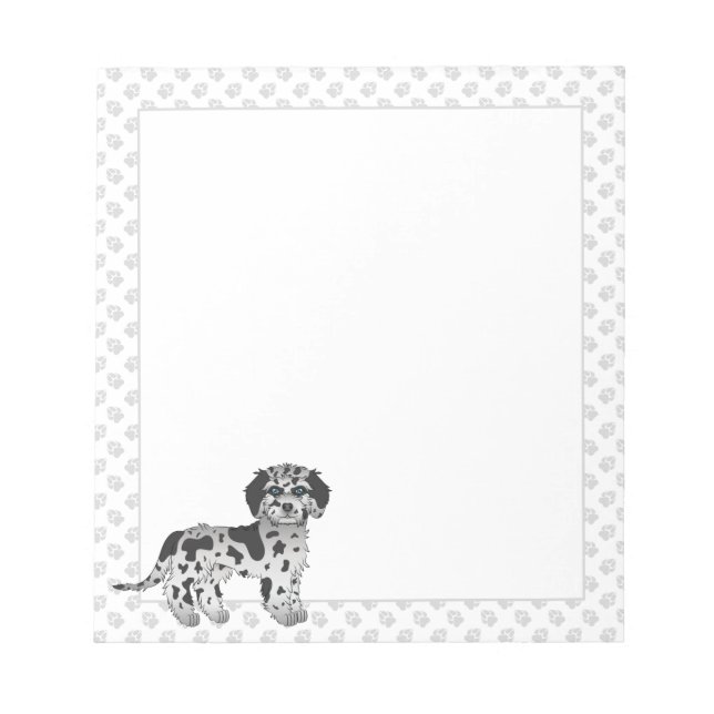 Blue Merle Mini Goldendoodle Cartoon Dog & Paws Notepad (Front)