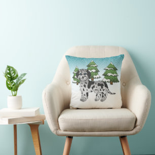 Blue Merle Mini Goldendoodle Dog - Winter Forest Cushion