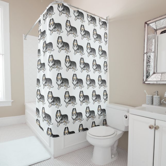 Blue Merle Rough Collie Cute Cartoon Dog Pattern Shower Curtain (In Situ)