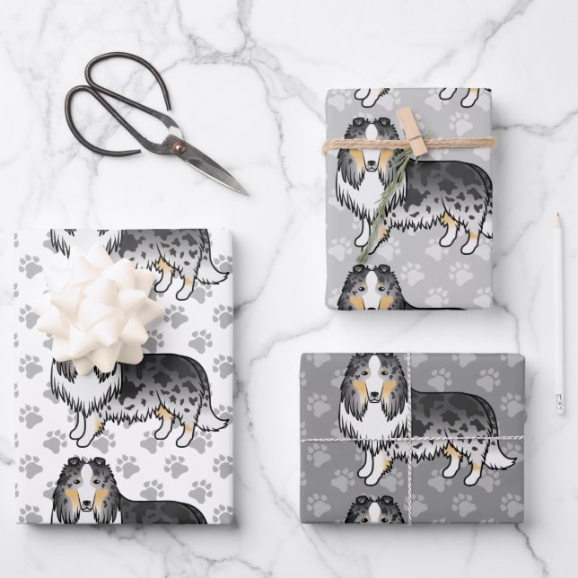 Blue Merle Rough Collie Cute Cartoon Dog Pattern Wrapping Paper Sheet (Front)