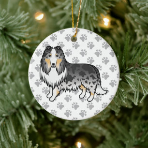 Blue Merle Rough Collie Cute Cartoon Dog & Paws Ceramic Ornament